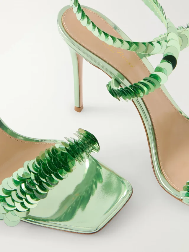 GIANVITO ROSSI 95 sequin-embellished metallic leather sandals in light green 90% Leather 10% Various Materials, photo 5 of 5 from NET-A-PORTER (Canada)