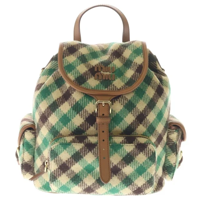 Miu Miu Plaid and Leather Backpack Tartan Check Wool Green Beige in Beige Wool from The Reluxe