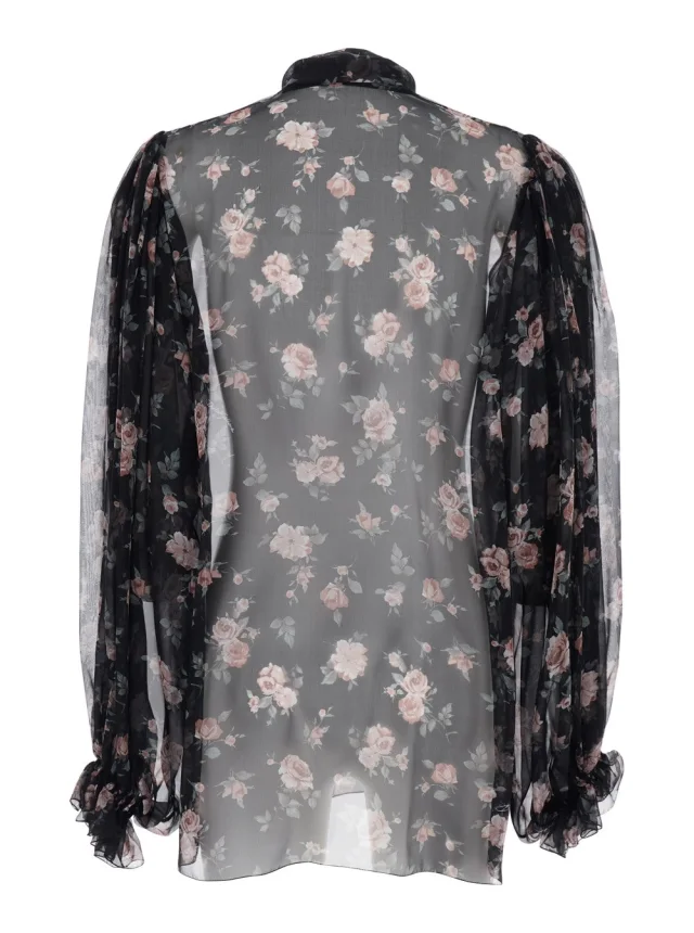 DOLCE E GABBANA Black Floral Print Blouse with Front Knot in Chiffon for Women in Black, photo 3 of 5 from Gaudenzi Boutique