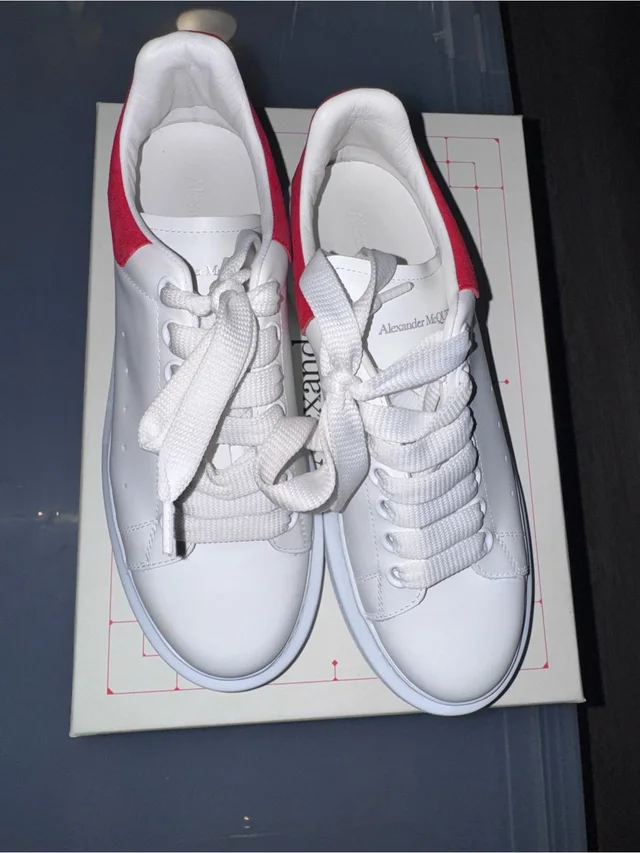 Alexander McQueen White Leather Sneakers With Red Heel Accent in red|white Leather from Poshmark
