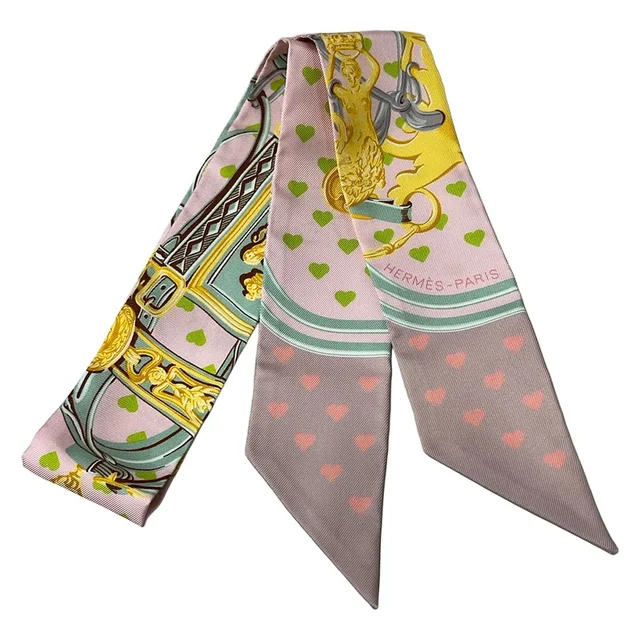 Hermès Scarf Twilly Light Pink Light Green Multi Ribbon Heart in Green from The Reluxe