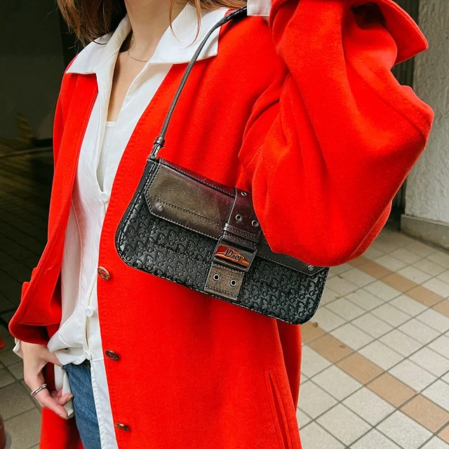 Dior Trotter Pattern Street Shoulder Bag Silver/Black in Black Leather from VINTAGE QOO TOKYO