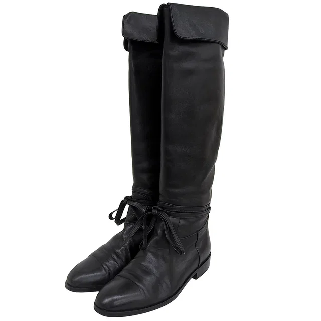 Chanel Leather Ribbon Long Boots #37 Black in Black Leather from VINTAGE QOO TOKYO