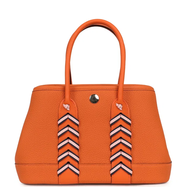 Hermès Garden Party Neo 23 "Bredies" Orange, Rose Sakura, Bleu Navy Togo and Swift Palladium Hardware in Navy Togo leather from Madison Avenue Couture