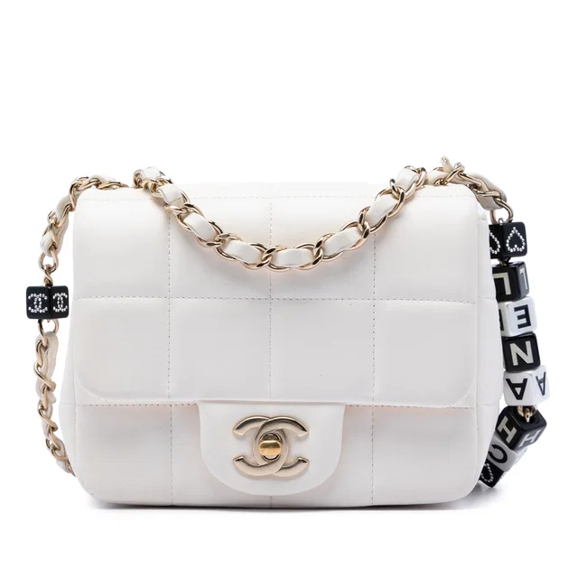 White Chanel Mini Quilted Lambskin Resin Crystal Square Monacoco Flap Crossbody Bag in White Lambskin from Designer Revival