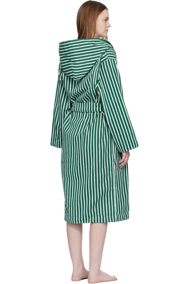 Tekla Green & White Terry Hooded Bathrobe, photo 3 of 4 from SSENSE