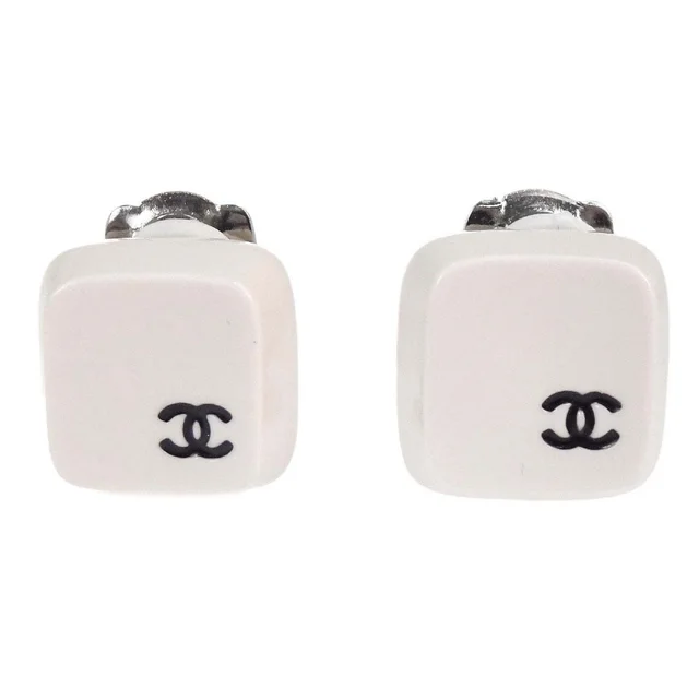 Chanel Square Acrylic Clip-On Earrings Silver White 00T in White Resin from AMORE Vintage Tokyo
