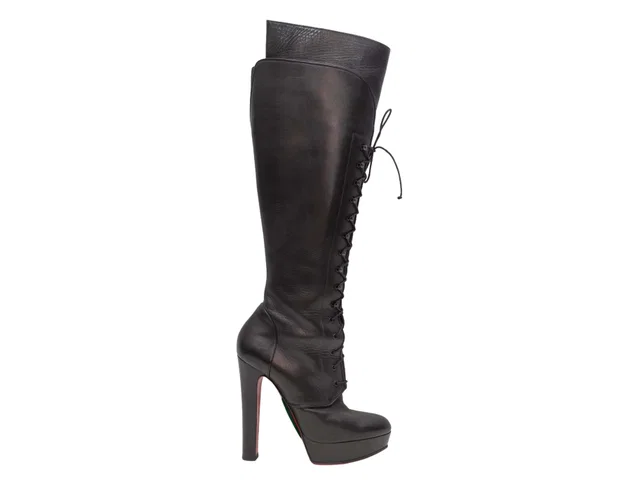 Black Christian Louboutin Lace-Up Over-The-Knee Heeled Boots Size 39 in Black Leather from Designer Revival
