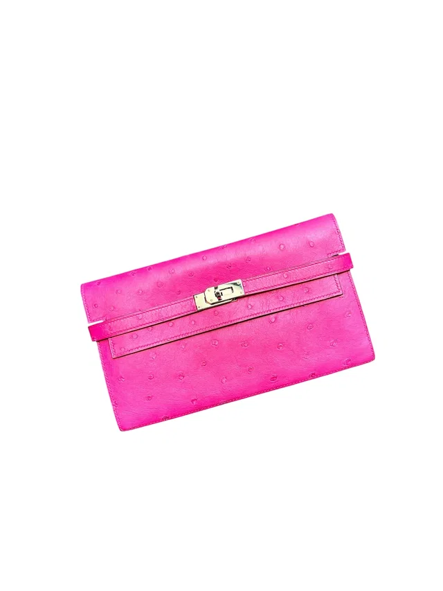 Hermès Kelly Wallet Rose Pourpre Ostrich PHW #A in Pink Ostrich from Luxury Promise