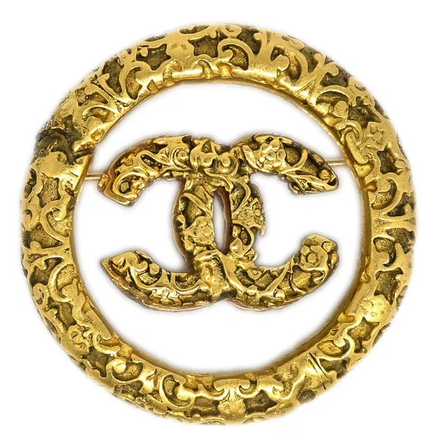 Chanel Medallion Brooch Pin Gold 93A in Gold Resin from AMORE Vintage Tokyo