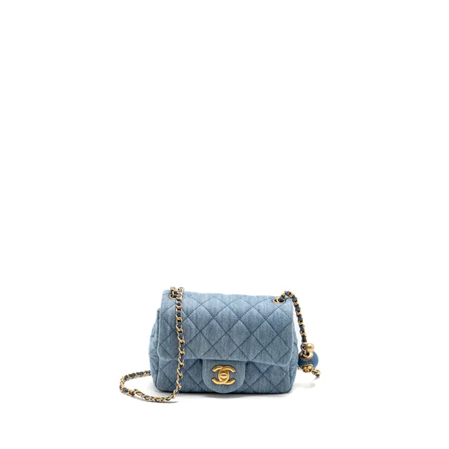 Chanel pearl crush mini square flap bag denim light blue GHW (microchip) in Blue Denim from EMIER