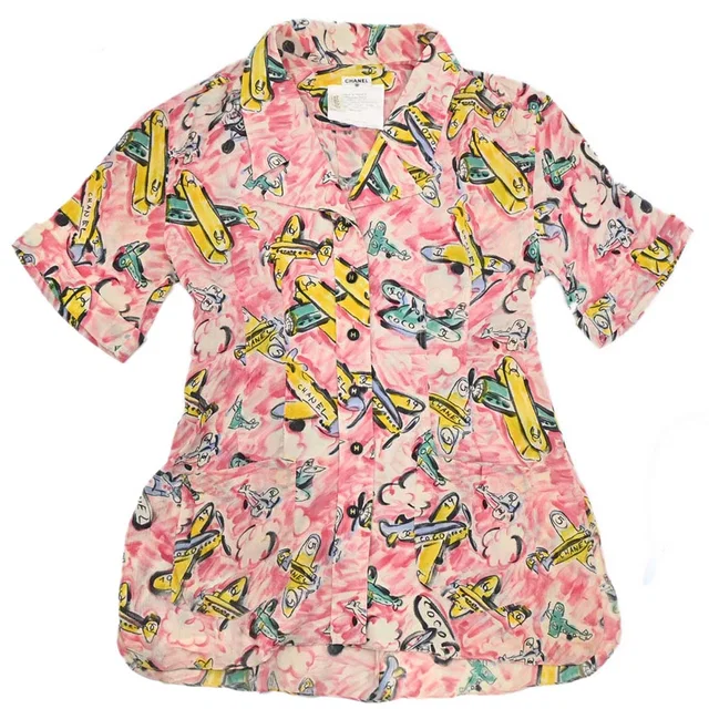 Chanel Short Sleeve Airplane Print Shirt Blouse Pink #40 in Pink Silk from AMORE Vintage Tokyo