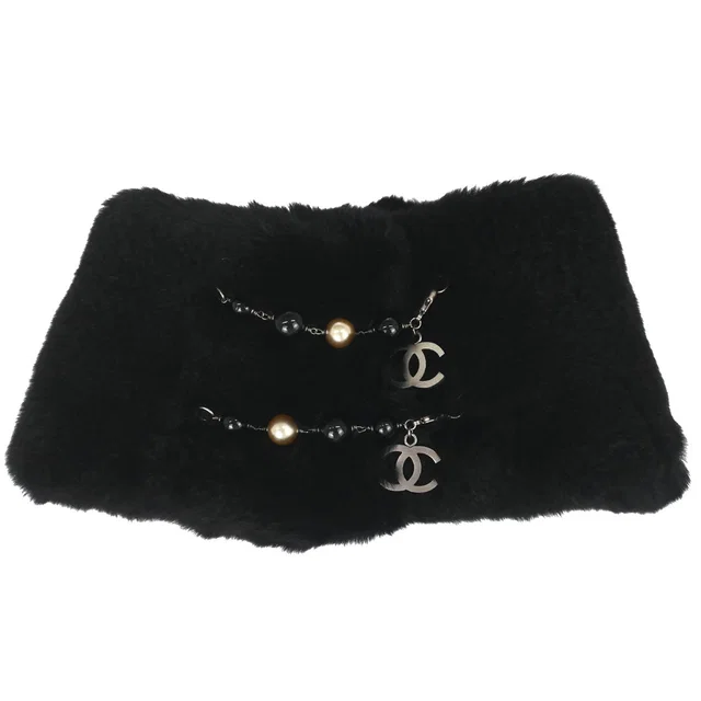 Chanel Lapin Fur Shawl Muffler Stole Black Artificial Pearl Small Good in Black from AMORE Vintage Tokyo