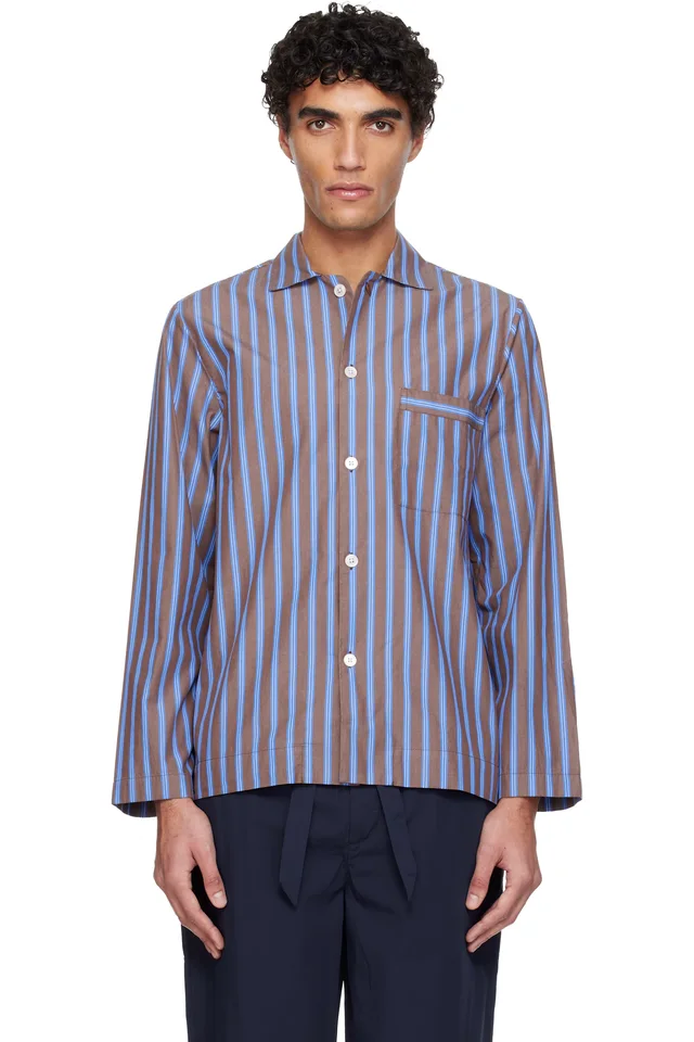 Tekla Brown & Blue Poplin Long-Sleeved Pyjama Shirt, image 1 of 1 from SSENSE