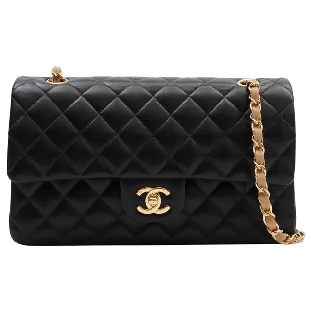 Chanel Circa 2003 Classic Flap Chain Bag 25cm Black/Beige in Black Lambskin from VINTAGE QOO TOKYO