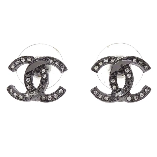 Chanel CC Pierced Earrings Silver Rhinestone A18P in Silver from AMORE Vintage Tokyo