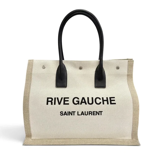 Saint Laurent Canvas Leather Rive Gauche Logo Large Shape Tote Bag Beige in Beige Canvas from The Reluxe