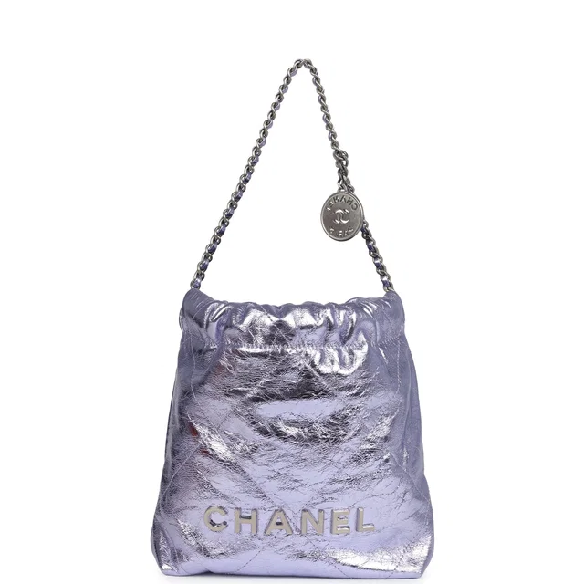 Chanel Mini 22 Bag Purple Metallic Calfskin Brushed Silver Hardware in Purple Calfskin from Madison Avenue Couture