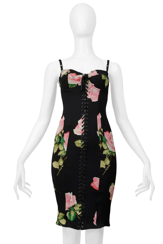 Dolce & Gabbana Black Corset Dress With Rose Print in Black Silk from Resurrection Vintage
