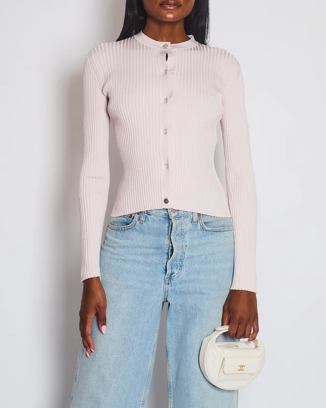 Hermès Light Pink Rib Knit Long Sleeve Crewneck Cardigan with Silver Buttons & Crotchet Back Detail… in Pink Silk from Sellier