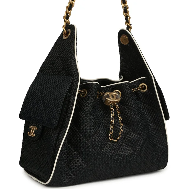Chanel Small 25 Hobo Bag Black Raffia and White Calfskin Antique Gold Hardware in Black Calfskin from Madison Avenue Couture, photo 2 of 2