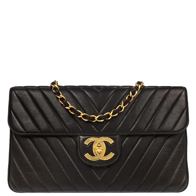 Chanel 1991-1994 Black Lambskin Chevron Maxi Classic Flap Shoulder Bag in Black Lambskin from AMORE Vintage Tokyo