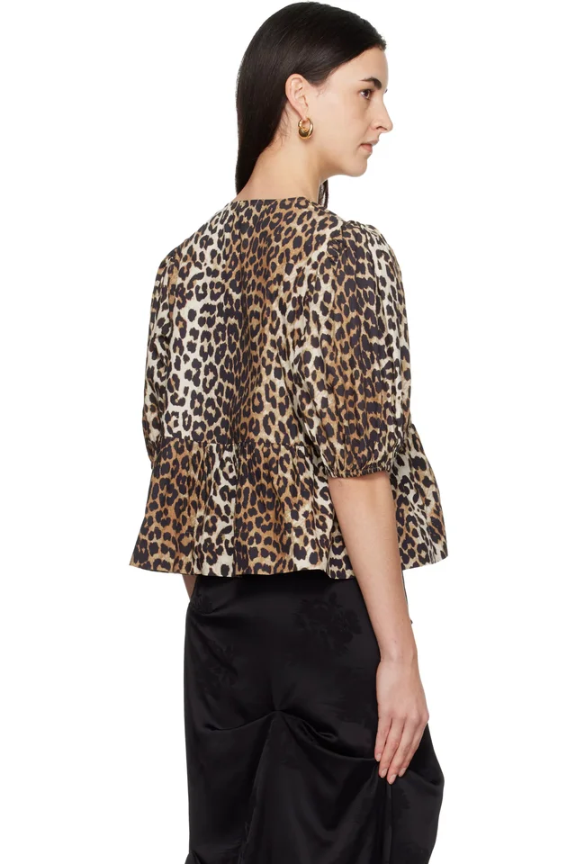 GANNI Tan Leopard Cotton Poplin Peplum Tie Blouse, photo 3 of 4 from SSENSE