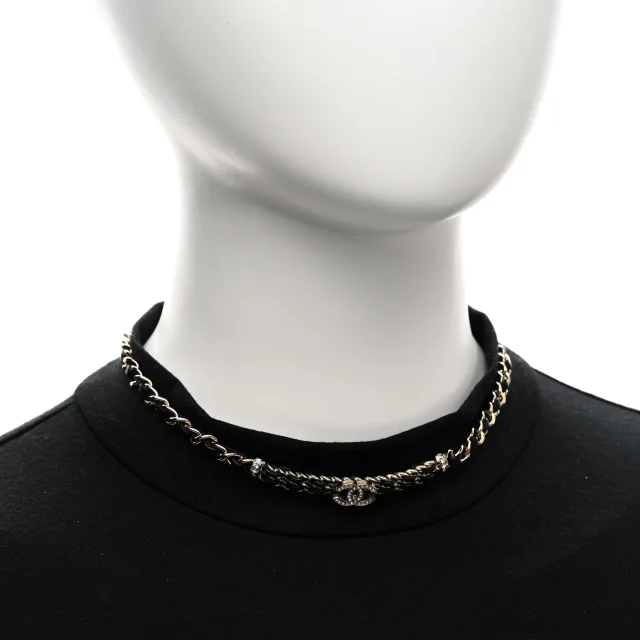 Chanel Metal Lambskin Crystal CC Choker Necklace Black Gold in Black Lambskin from FASHIONPHILE, photo 2 of 6