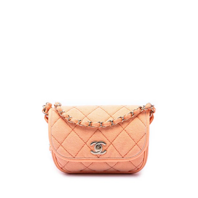 Orange Chanel Mini CC Quilted Denim Messenger Flap Crossbody Bag in Orange Denim from Designer Revival
