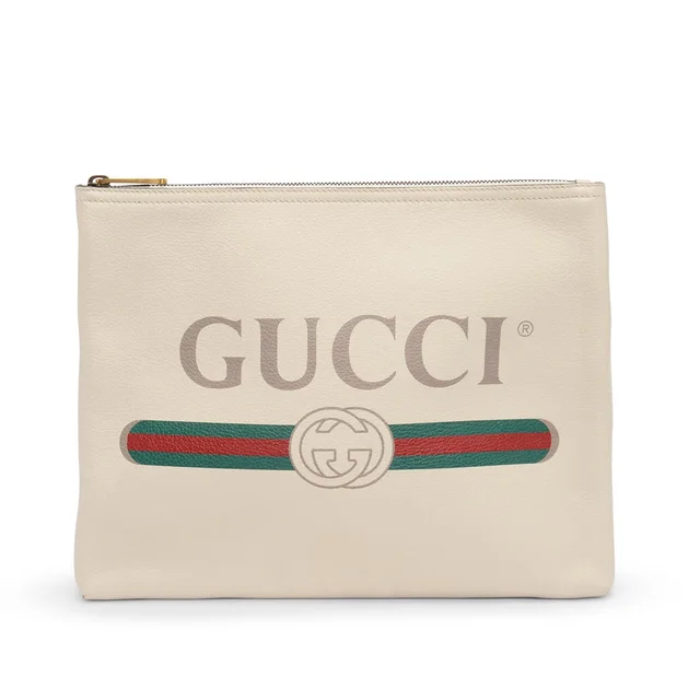 Gucci Pebbled Calfskin Medium Logo Portfolio Pouch in Cream Calfskin from Blue Spinach