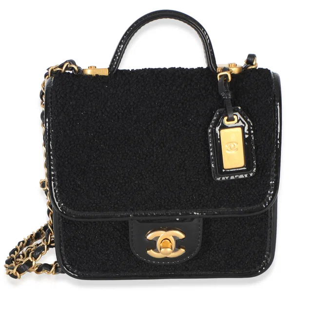 Chanel Black Tweed Patent School Memory Mini Top Handle Flap Bag in Black Patent leather from myGemma