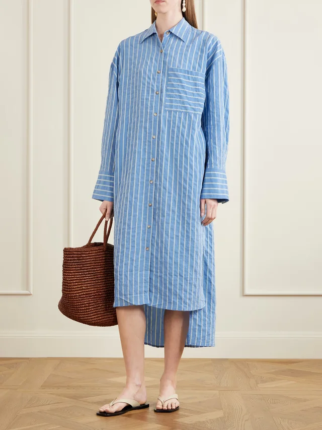 LA LIGNE Tangier striped tie-detailed TENCEL™ lyocell seersucker midi dress in Blue, photo 2 of 2 from NET-A-PORTER (Canada)
