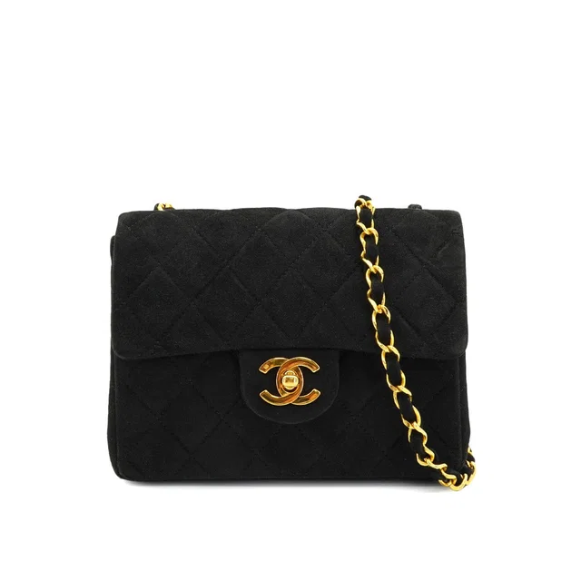Chanel Vintage Mini Square 17 Chain Shoulder Bag Black Suede Gold Hardware in Black Suede from Luxury Promise