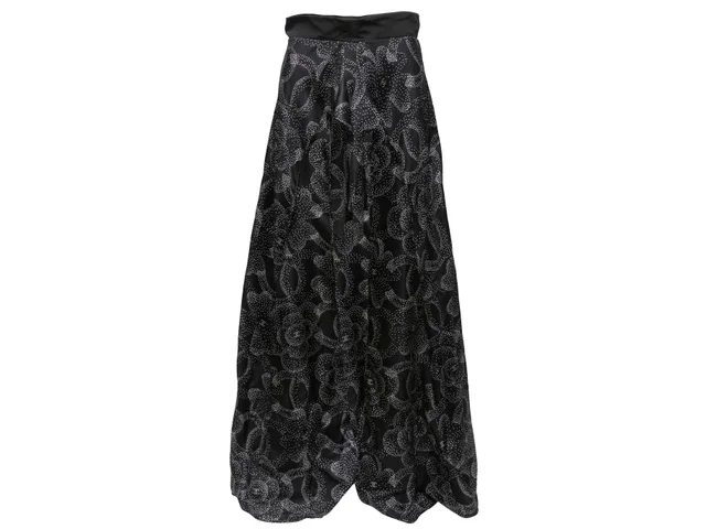 Black & White Chanel Logo & Camellia Print Silk Maxi Skirt Size FR 38 in Black Silk from Designer Revival