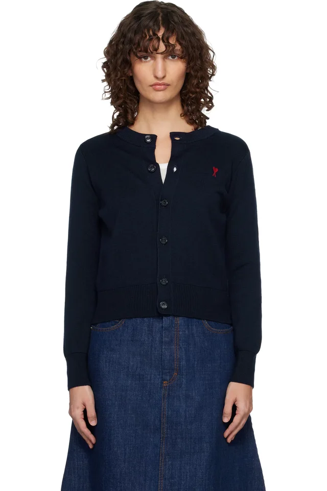 Navy Wool Crewneck Ami de Coeur Cardigan, image 1 of 1 from SSENSE