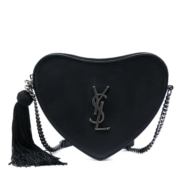 Black Saint Laurent Leather Monogram Heart Tassel Crossbody in Black Leather from Designer Revival