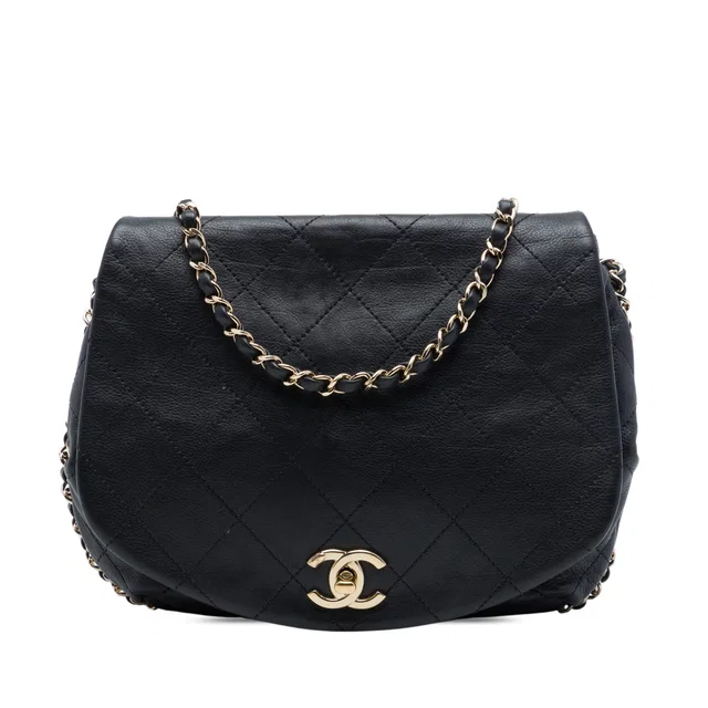 Black Chanel CC Quilted Calfskin Chain Around Saddle Flap Crossbody Bag in Black Calfskin from Designer Revival