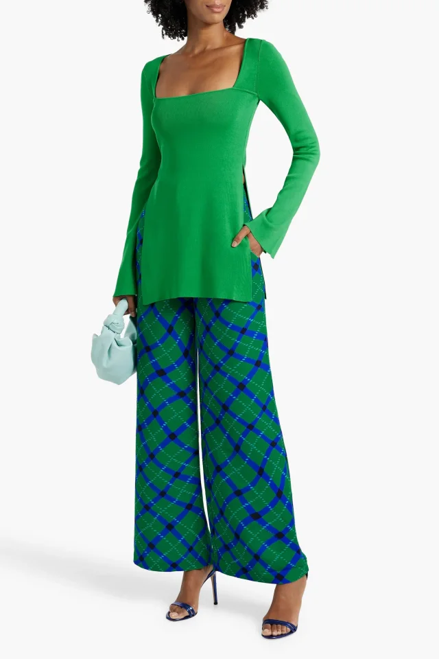 Simon Miller Bloo Pleated Checked Crepe Wide-Leg Pants in Green, photo 2 of 4 from THE OUTNET