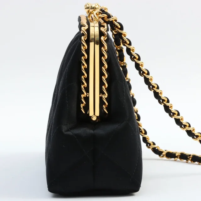 Chanel Circa 1995 Silk Satin CC Mark Kiss-Lock Chain Shoulder Bag, Black in Black Satin from VINTAGE QOO TOKYO, photo 4 of 12