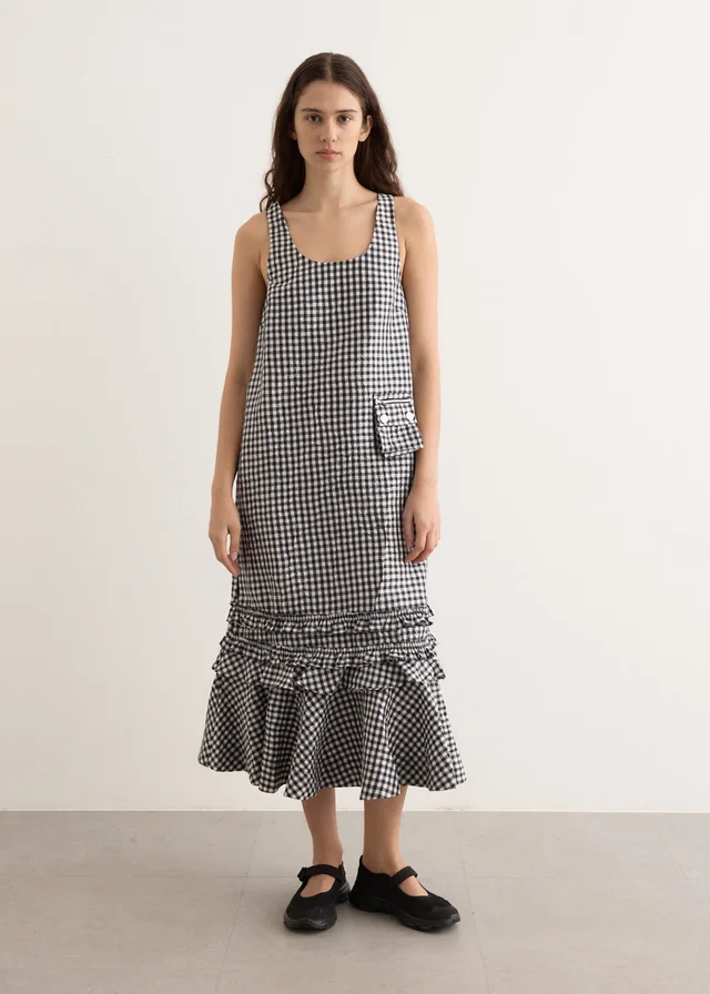 Ganni Crinkled Taffeta Check U-Neck Long Dress in Black from Incu, photo 1 of 1