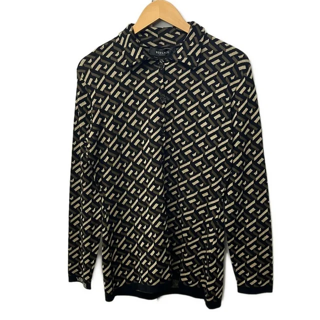 Versace Cardigan 40 M Black Dark Brown Beige Long Sleeve Silk in Black Silk from The Reluxe