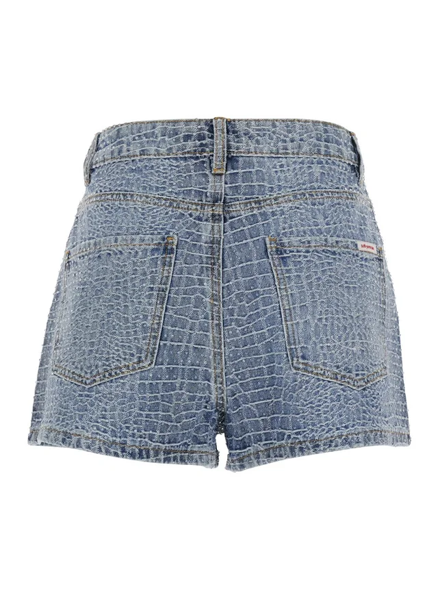 SELF-PORTRAIT Shorts 'Rhinestone Croc Effect' Blue Denim with Strass Details - Cotton - Women in Blue, photo 4 of 6 from Gaudenzi Boutique