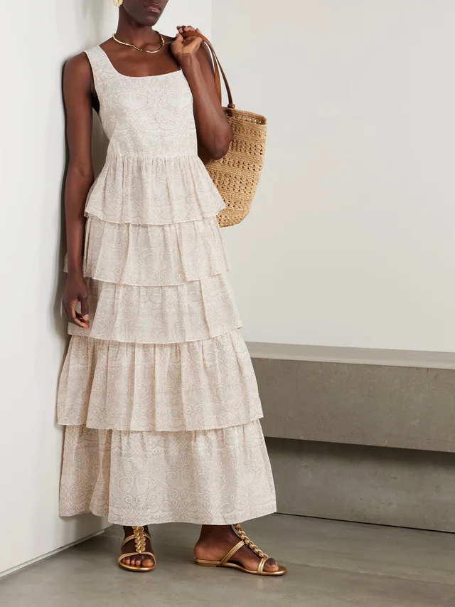 THIERRY COLSON Ines tiered printed cotton and silk-blend maxi dress in Pink, photo 2 of 2 from NET-A-PORTER (Canada)