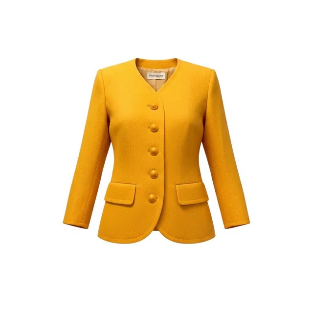 Saint Laurent Collarless Jacket Wool 36 Yellow in Yellow Wool from The Reluxe