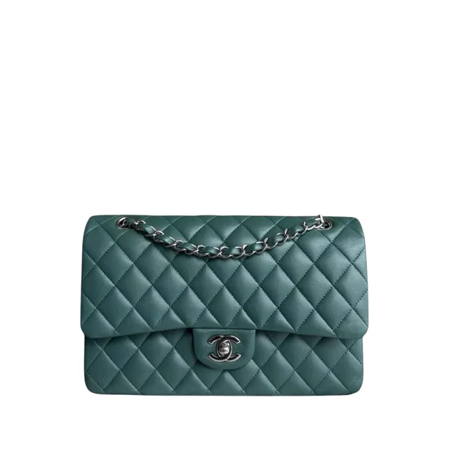 Chanel Classic Flap Medium - 25cm Quilted Lambskin Olive Green Blue Silver Hardware Series 26 in Blue Lambskin from Luxury Promise