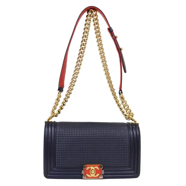 Chanel Boy Flap Cube Embossed Lambskin Navy Leather Bag in Navy Lambskin from HEWI