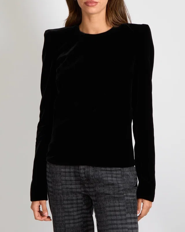 Saint Laurent Black Velvet Long-Sleeved Top with Shoulder Pads and Back Zipper Size FR 38 (UK 10) in Black Velvet from Sellier