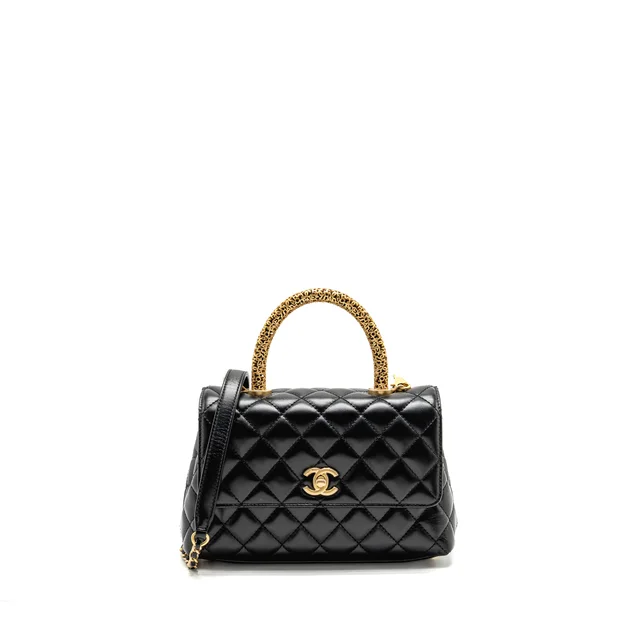 Chanel Detailed Metal Handle Small Coco Handle Flap Bag Calfskin Black GHW (Microchip) in Black Calfskin from EMIER