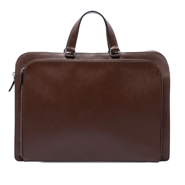 Brown Prada Saffiano Cuir Travel Front Zip Pocket Briefcase Business Bag in Brown Saffiano leather from Designer Revival