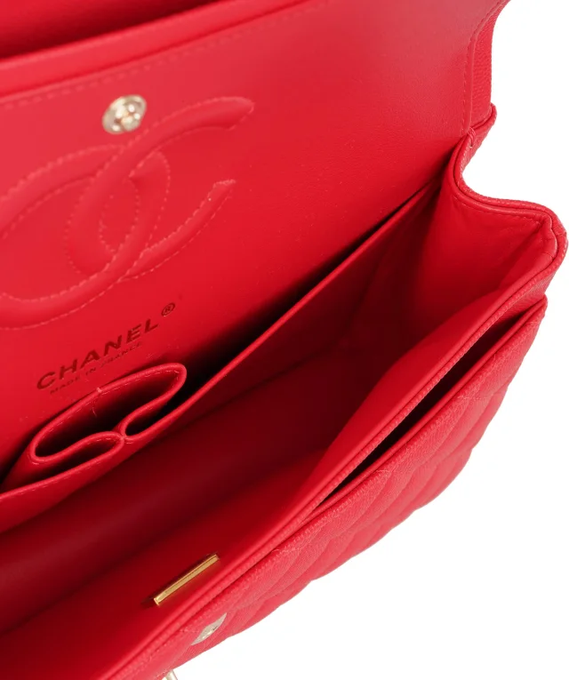Chanel Vibrant Red Quilted Caviar Leather Classic Double Flap Bag in Red Caviar leather from Luxury Promise, photo 8 of 13